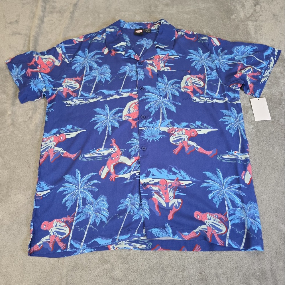 Marvel Spiderman Shirt Mens Large Blue Hawaiian Print Button Up Short Sleeve
